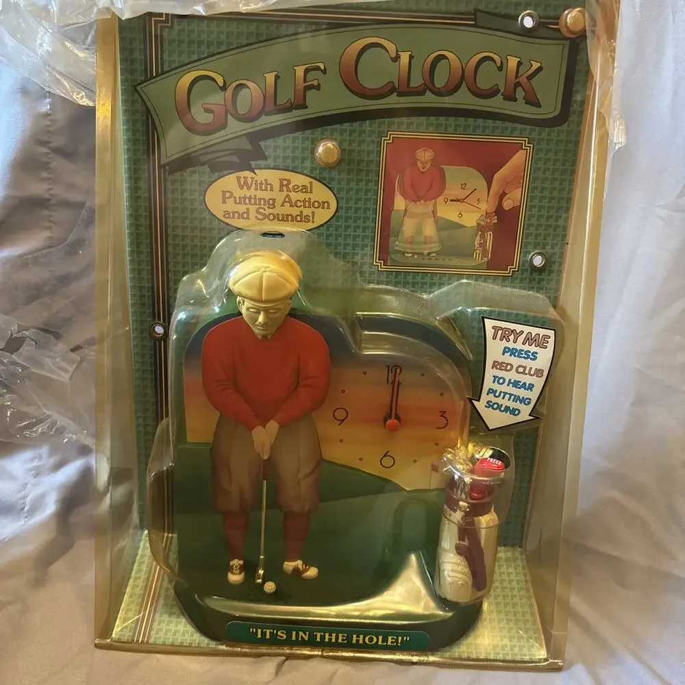 Vtg Golf Clock In Package Animated Figure 90s Novelty Gift For Golfers Dads